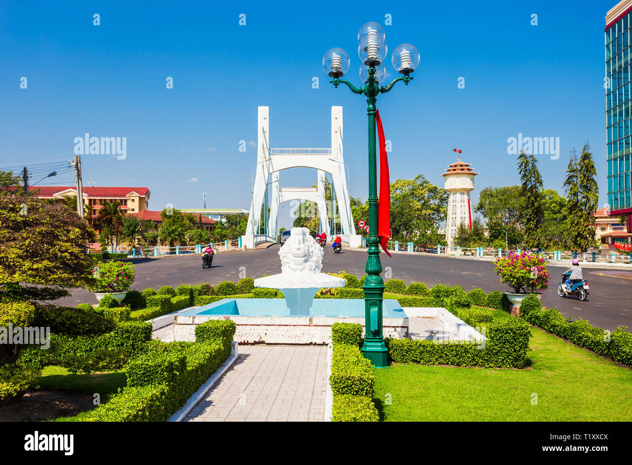 Cau Le Hong Phong Bridge and water tower in Phan Thiet city near Mui Ne in Vietnam Stock Photo