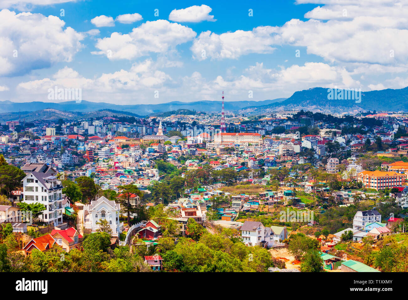 Dalat or Da Lat city aerial panoramic view in Vietnam Stock Photo