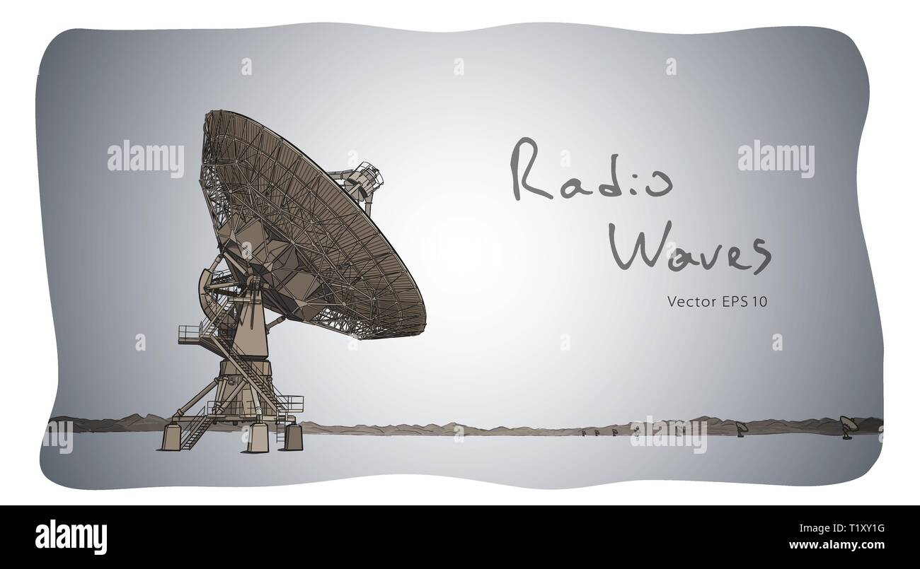 Radio telescope dishes antenna. Vector sketch draw Stock Vector