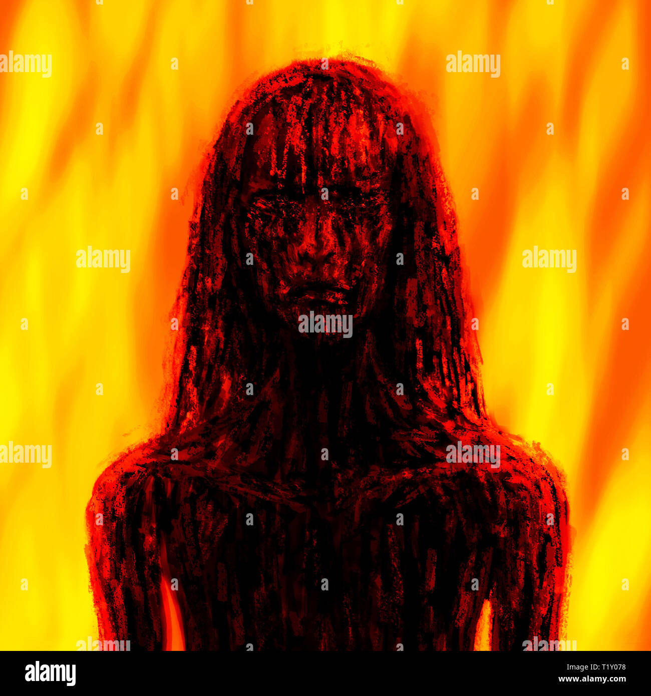 Scary vampire girl in bloody mud. Illustration in the horror genre. Horror  burning concept. Orange background color Stock Photo - Alamy