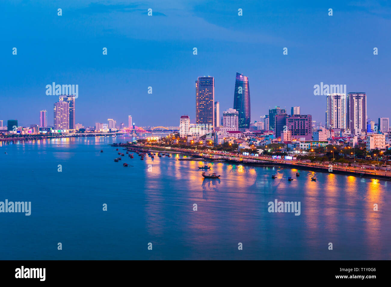 Da Nang city centre skyline aerial panoramic view. Danang is the fourth