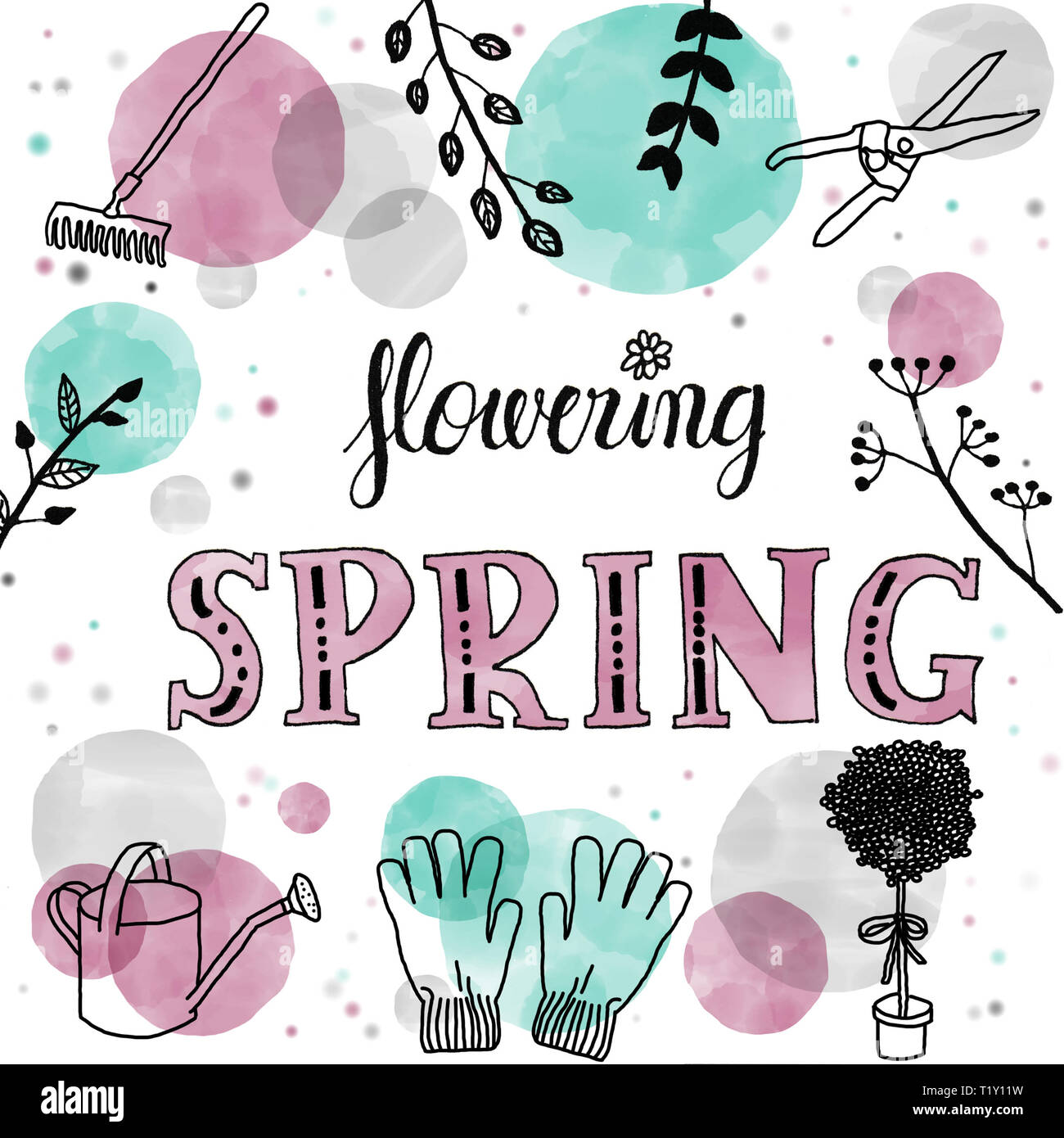 Hand lettering with english text: flowering spring. Drawing of elements ...