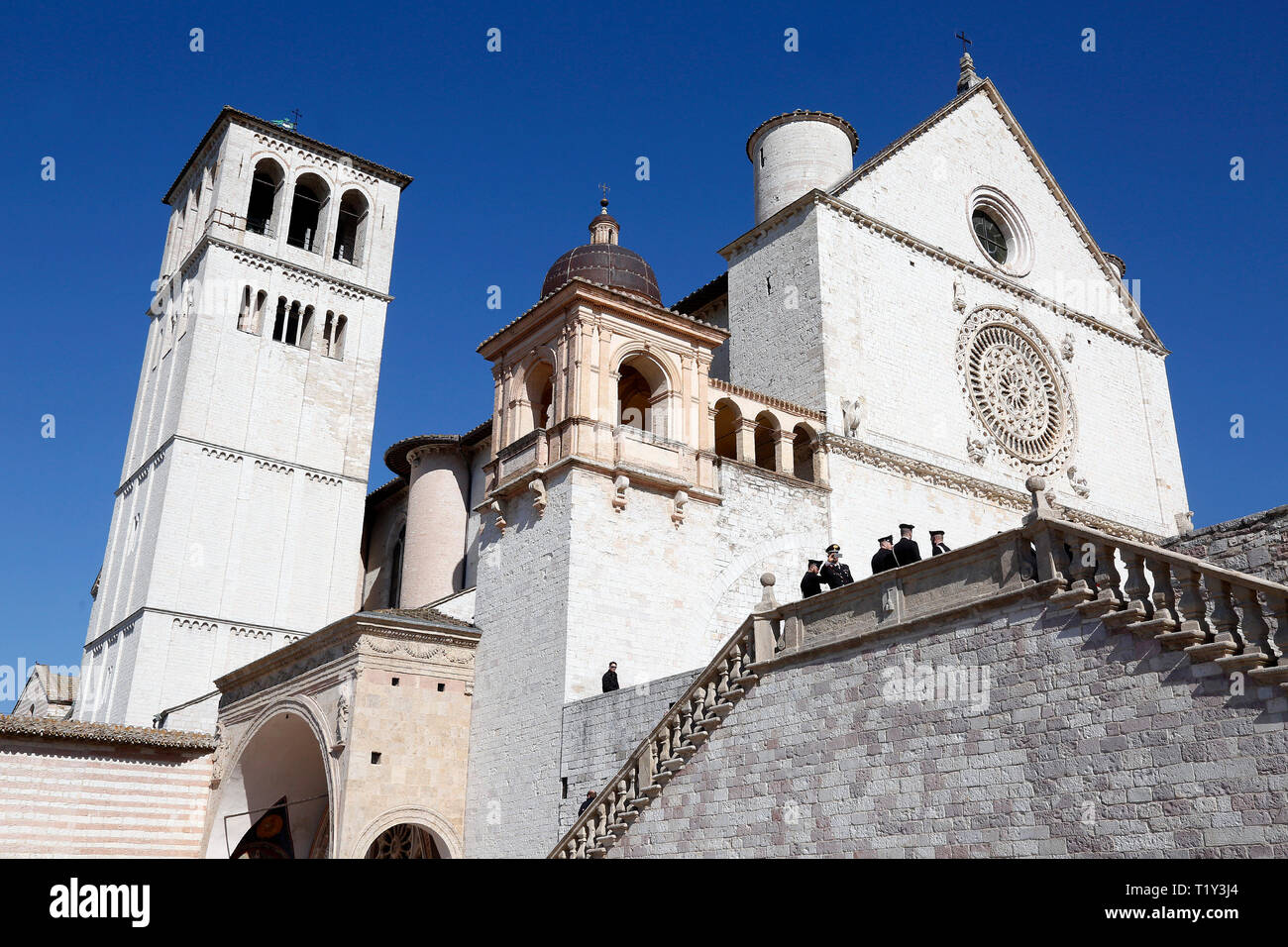 The upper basilica, frescoed by Cimabue Assisi March 29th 2019. The Basilica of Saint Francis of Assisi. On 16 July 1228, st Francis was canonized by  Stock Photo