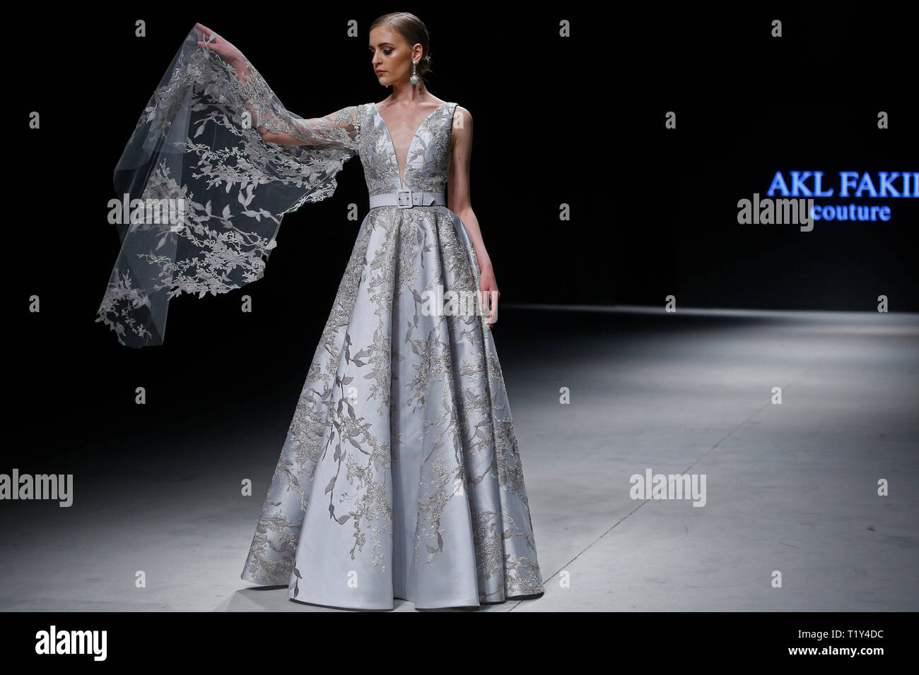Beirut, Lebanon. 28th Mar, 2019. A model presents a creation by