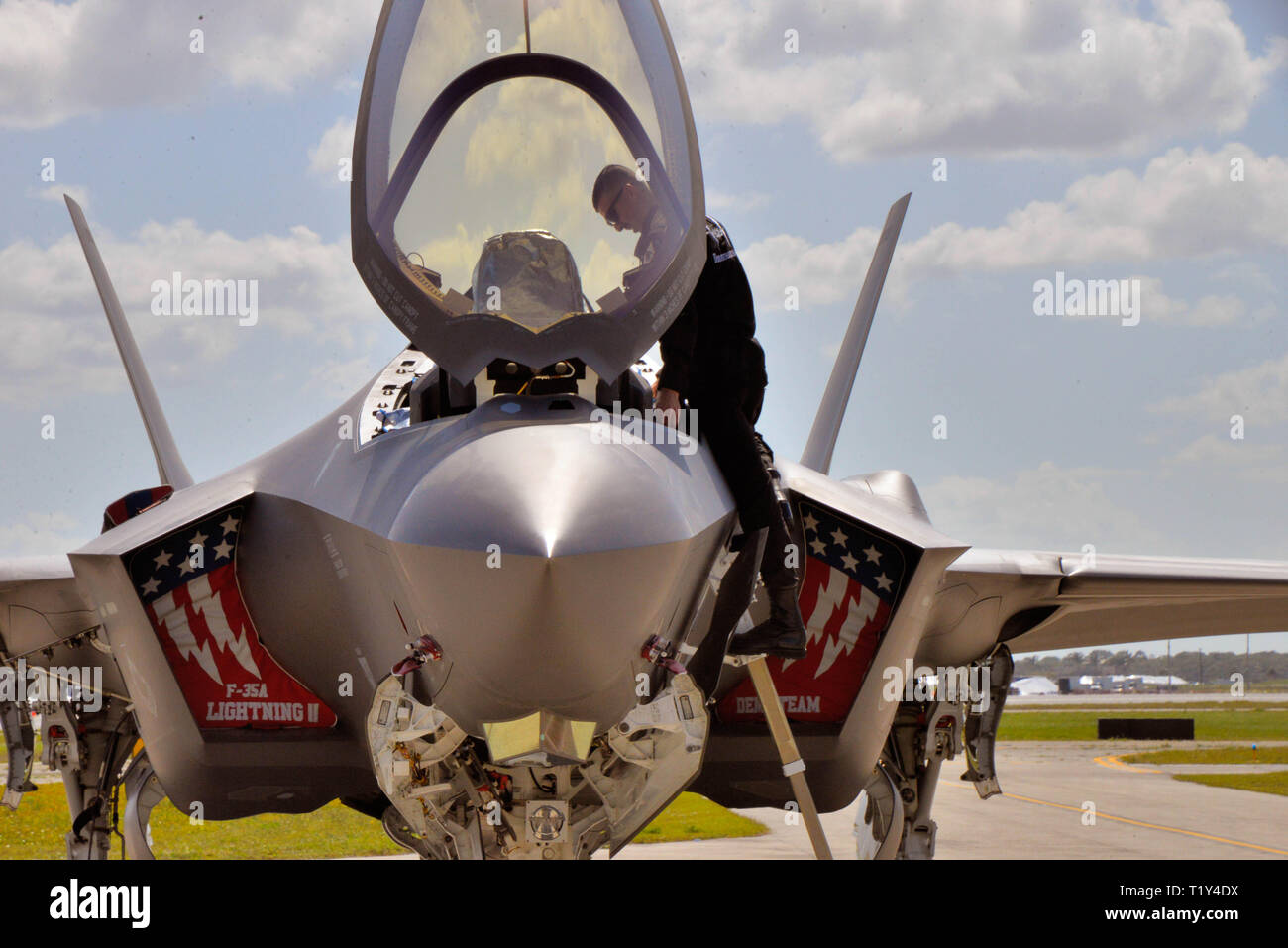 Melbourne, Florida, USA. March 28, 2019. The first wave of flight  demonstration aircraft arrived at Orlando Melbourne International Airport  for this weekend Air and Space Show. An advance team of support personal