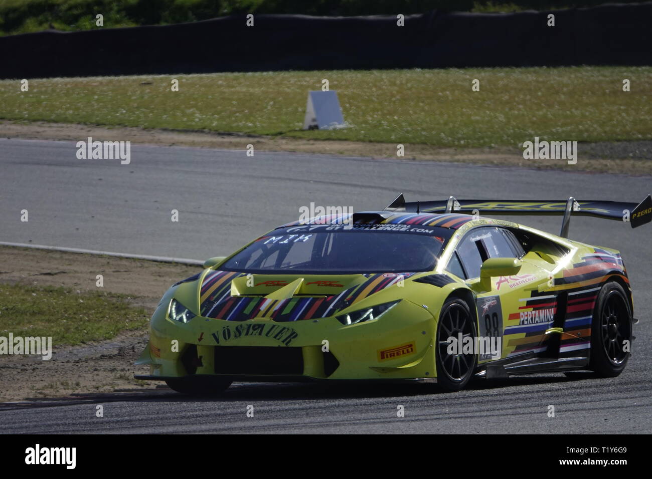 Laguna Seca Raceway, Monterey, CA, USA. 28th Mar, 2019. Scenes from the practice sessions for the 8 hour race in the Intercontinental GT Challenge Series scheduled for Saturday 30th March, 2019 Here the Lamborghini Huracan of Miroslav Konopka Credit: Motofoto/Alamy Live News Stock Photo
