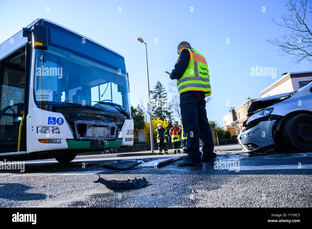 Garbsen Germany 29th Mar 19 A Damaged School Bus And A Car Are At The Scene Of An Accident Four People Were Seriously Injured In A Collision Between A School Bus And