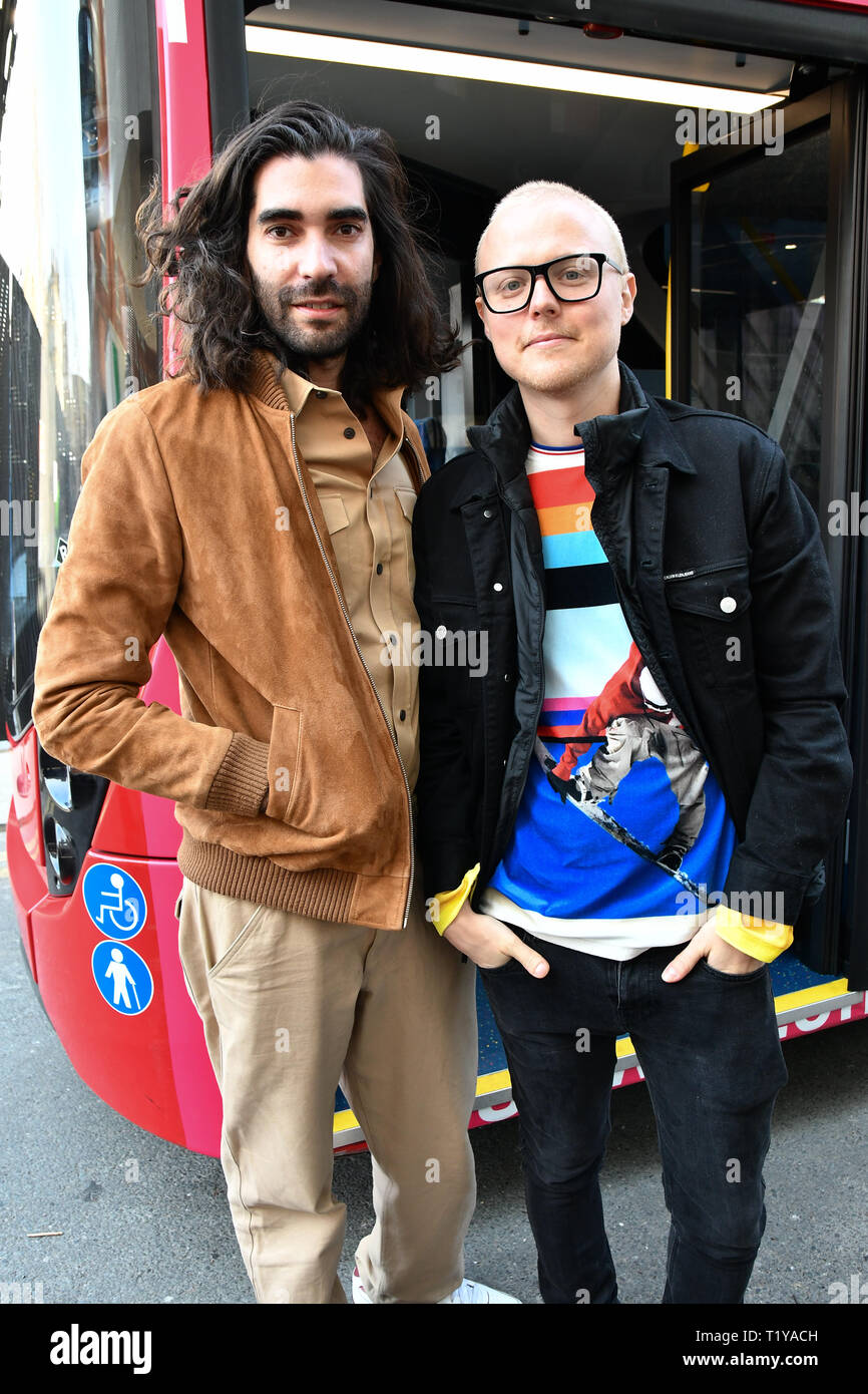 London, UK. 29th March, 2019. Fyodor Podgorny from Latvia and Golan Frydman from Israel attend The Mayor of London, Sadiq Khan, launch a branded ‘We are all Londoners' bus as it begins a four-day ‘Advice Roadshow' around the capital. The bus will visit locations in areas with high numbers of European nationals, offering them guidance on how to apply for Settled to Status to remain in the UK following Brexit on 29 March 2019, London, UK. Credit: Picture Capital/Alamy Live News Stock Photo