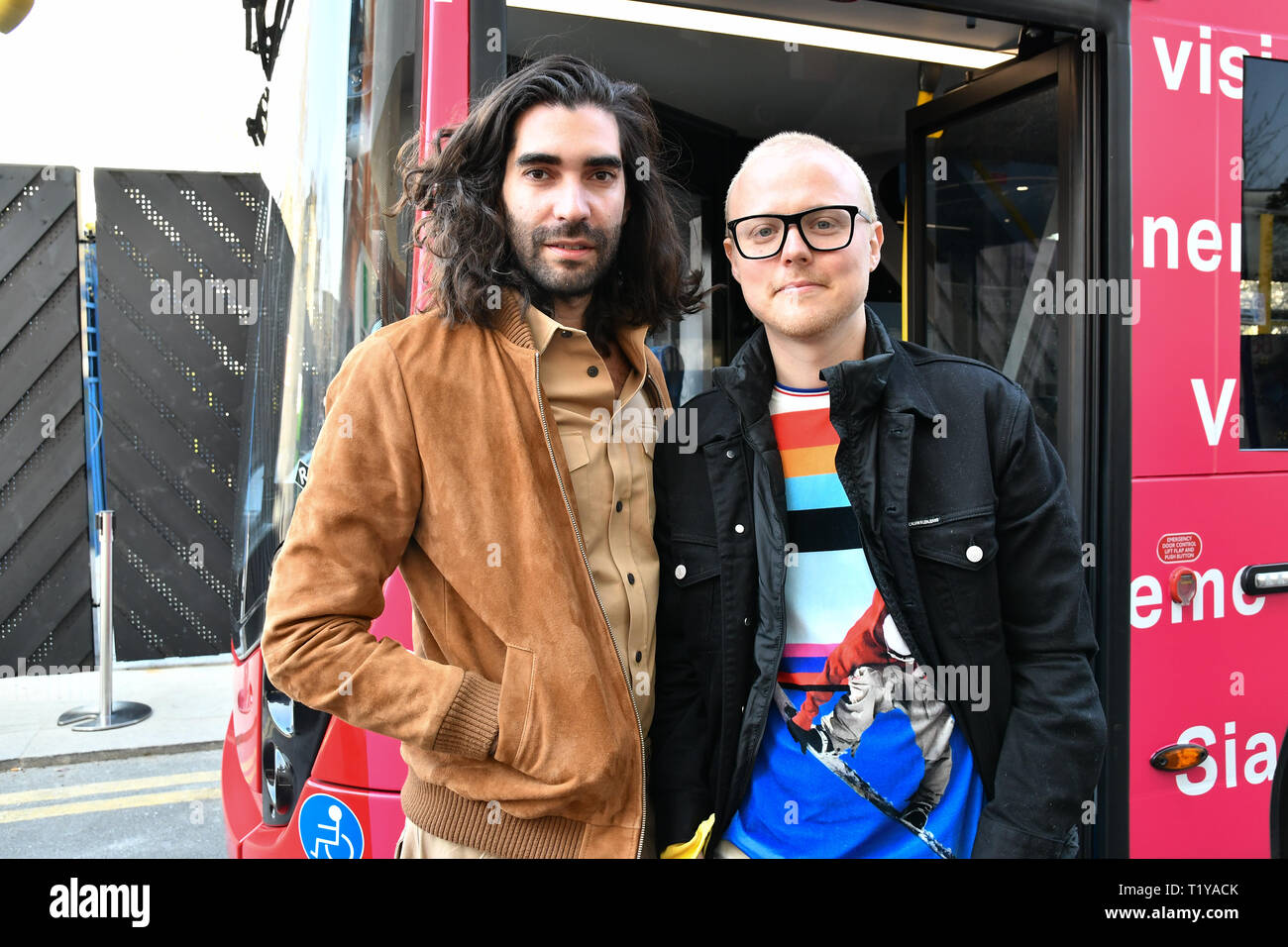 London, UK. 29th March, 2019. Fyodor Podgorny from Latvia and Golan Frydman from Israel attend The Mayor of London, Sadiq Khan, launch a branded ‘We are all Londoners' bus as it begins a four-day ‘Advice Roadshow' around the capital. The bus will visit locations in areas with high numbers of European nationals, offering them guidance on how to apply for Settled to Status to remain in the UK following Brexit on 29 March 2019, London, UK. Credit: Picture Capital/Alamy Live News Stock Photo