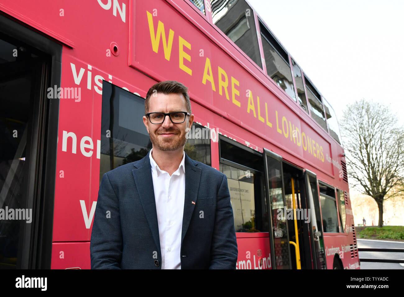 London, UK. 29th March, 2019. Philipp Ertl from Austria attend The Mayor of London, Sadiq Khan, launch a branded ‘We are all Londoners' bus as it begins a four-day ‘Advice Roadshow' around the capital. The bus will visit locations in areas with high numbers of European nationals, offering them guidance on how to apply for Settled to Status to remain in the UK following Brexit on 29 March 2019, London, UK. Credit: Picture Capital/Alamy Live News Stock Photo