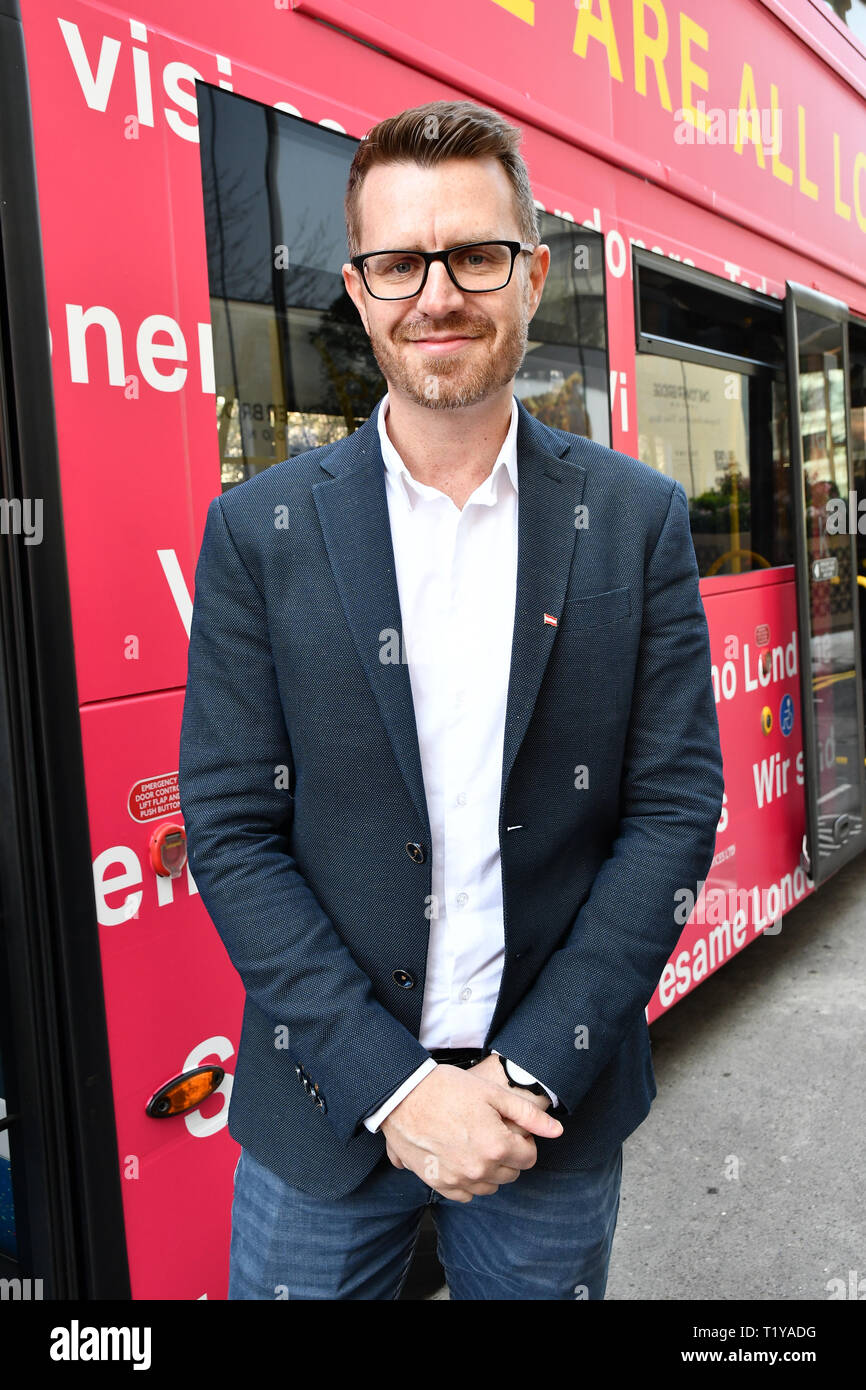 London, UK. 29th March, 2019. Philipp Ertl from Austria attend The Mayor of London, Sadiq Khan, launch a branded ‘We are all Londoners' bus as it begins a four-day ‘Advice Roadshow' around the capital. The bus will visit locations in areas with high numbers of European nationals, offering them guidance on how to apply for Settled to Status to remain in the UK following Brexit on 29 March 2019, London, UK. Credit: Picture Capital/Alamy Live News Stock Photo