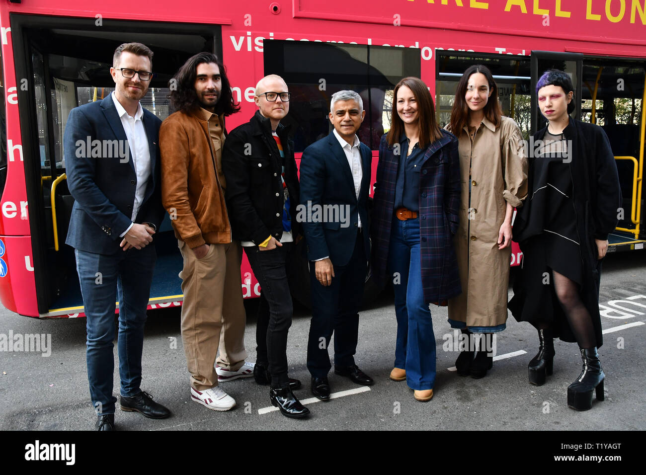 London, UK. 29th March, 2019. The Mayor of London, Sadiq Khan, launch a branded ‘We are all Londoners' bus as it begins a four-day ‘Advice Roadshow' around the capital. The bus will visit locations in areas with high numbers of European nationals, offering them guidance on how to apply for Settled to Status to remain in the UK following Brexit on 29 March 2019, London, UK. Credit: Picture Capital/Alamy Live News Stock Photo