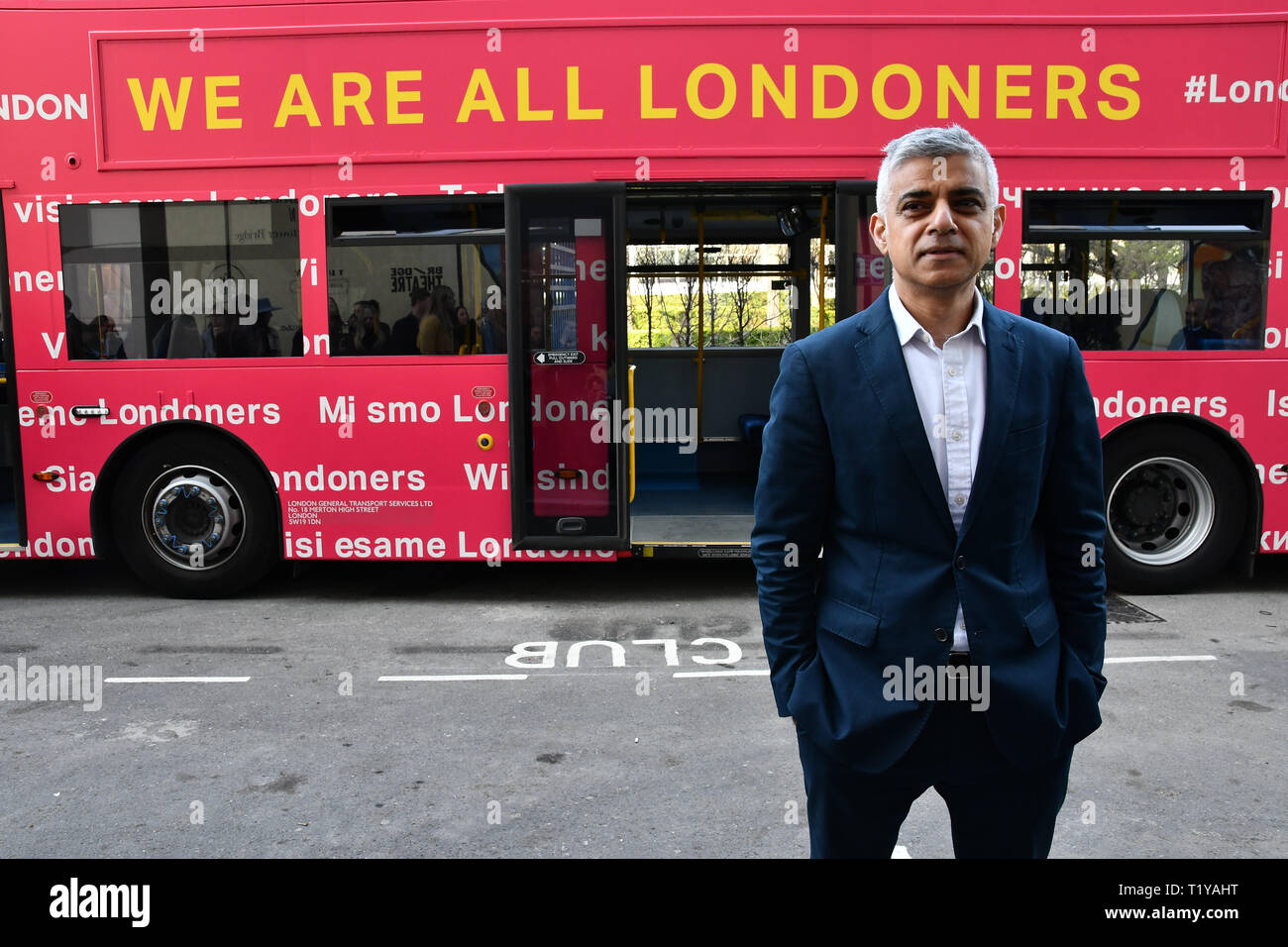 London, UK. 29th March, 2019. The Mayor of London, Sadiq Khan, launch a branded ‘We are all Londoners' bus as it begins a four-day ‘Advice Roadshow' around the capital. The bus will visit locations in areas with high numbers of European nationals, offering them guidance on how to apply for Settled to Status to remain in the UK following Brexit on 29 March 2019, London, UK. Credit: Picture Capital/Alamy Live News Stock Photo