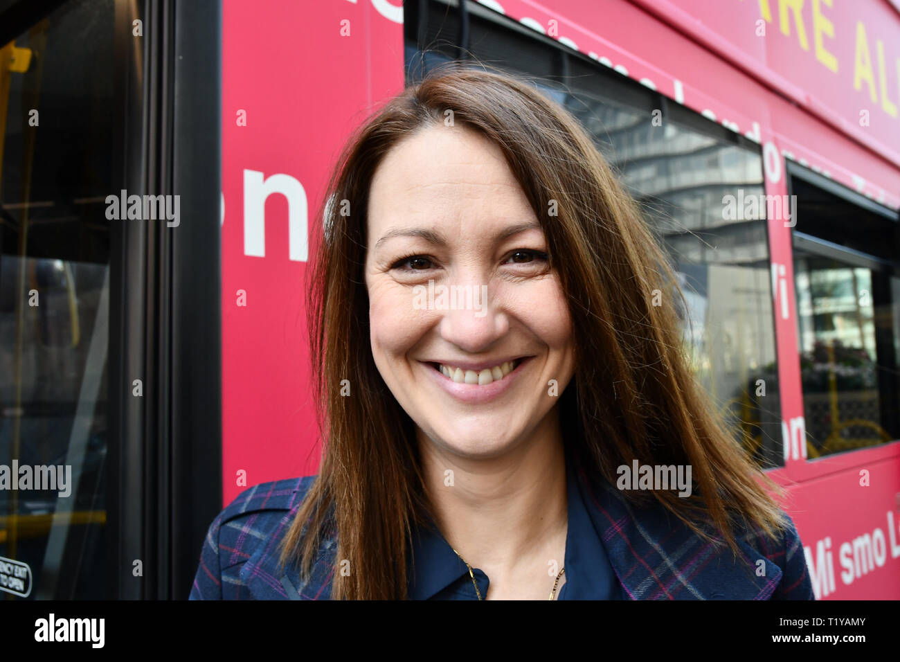 London, UK. 29th March, 2019. Nina from Bulgaria attend The Mayor of London, Sadiq Khan, launch a branded ‘We are all Londoners' bus as it begins a four-day ‘Advice Roadshow' around the capital. The bus will visit locations in areas with high numbers of European nationals, offering them guidance on how to apply for Settled to Status to remain in the UK following Brexit on 29 March 2019, London, UK. Credit: Picture Capital/Alamy Live News Stock Photo