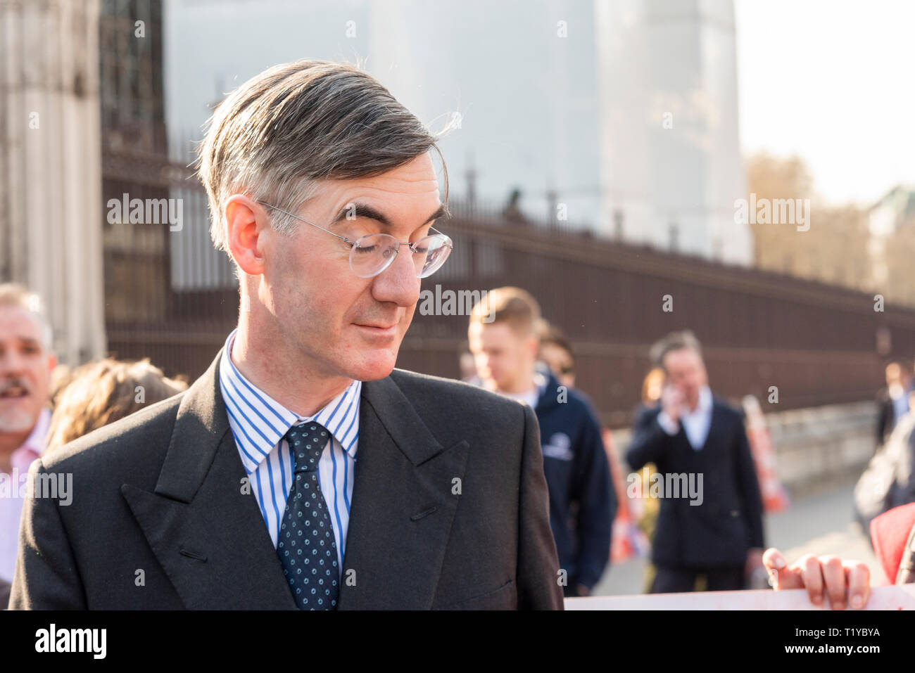 Conservative MP Jacob Rees-Mogg arriving at the Palace of Westminster, London, UK. 29th March 2019, the date that should have seen the UK leave the EU, for the debate on a government Brexit motion towards approving a withdrawal agreement Stock Photo