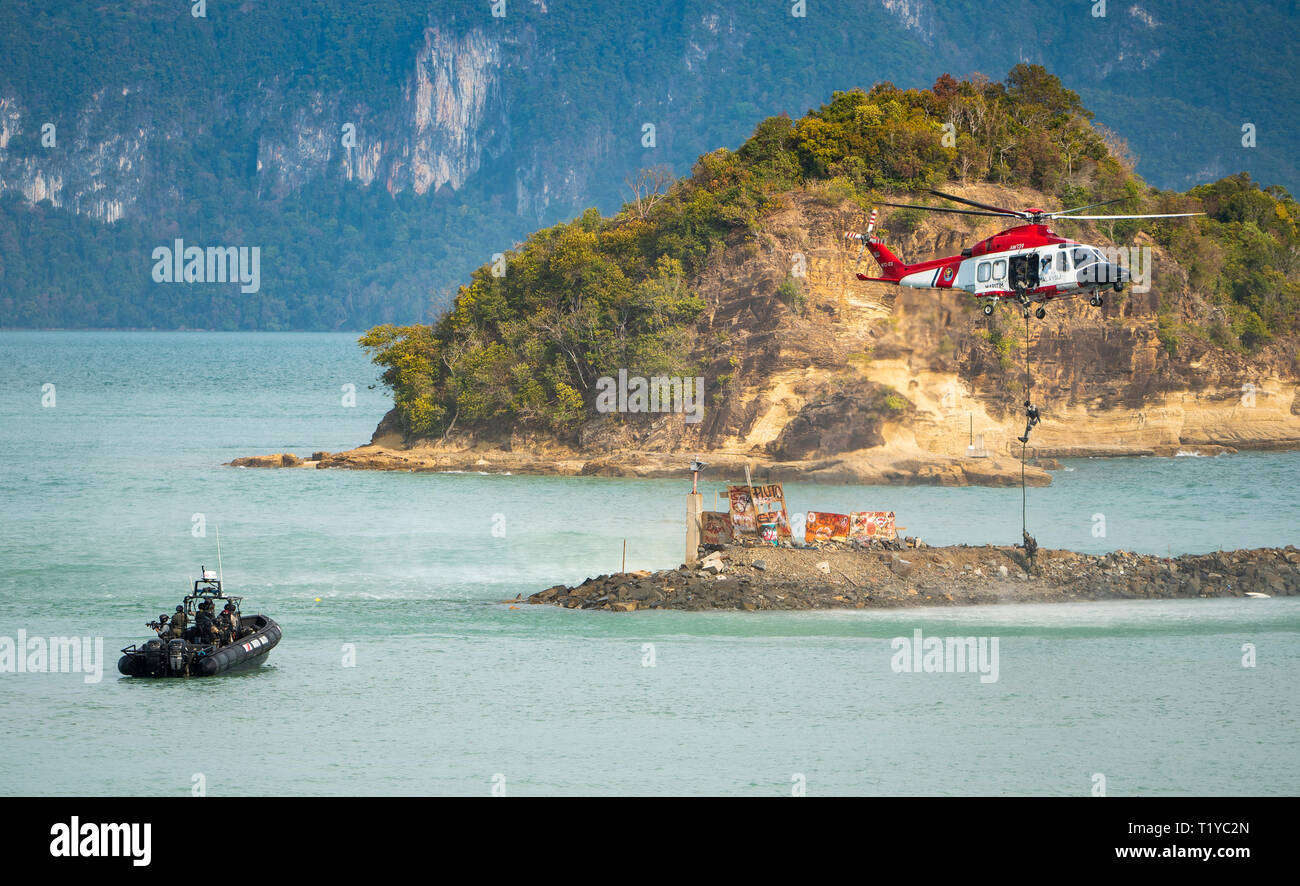 LANGKAWI, MALAYSIA : MARCH 28, 2019 : Naval commando units and Malaysian coastguard stage a rescue operation at the LIMA exhibition Credit: Chung Jin Mac/Alamy Live News Stock Photo