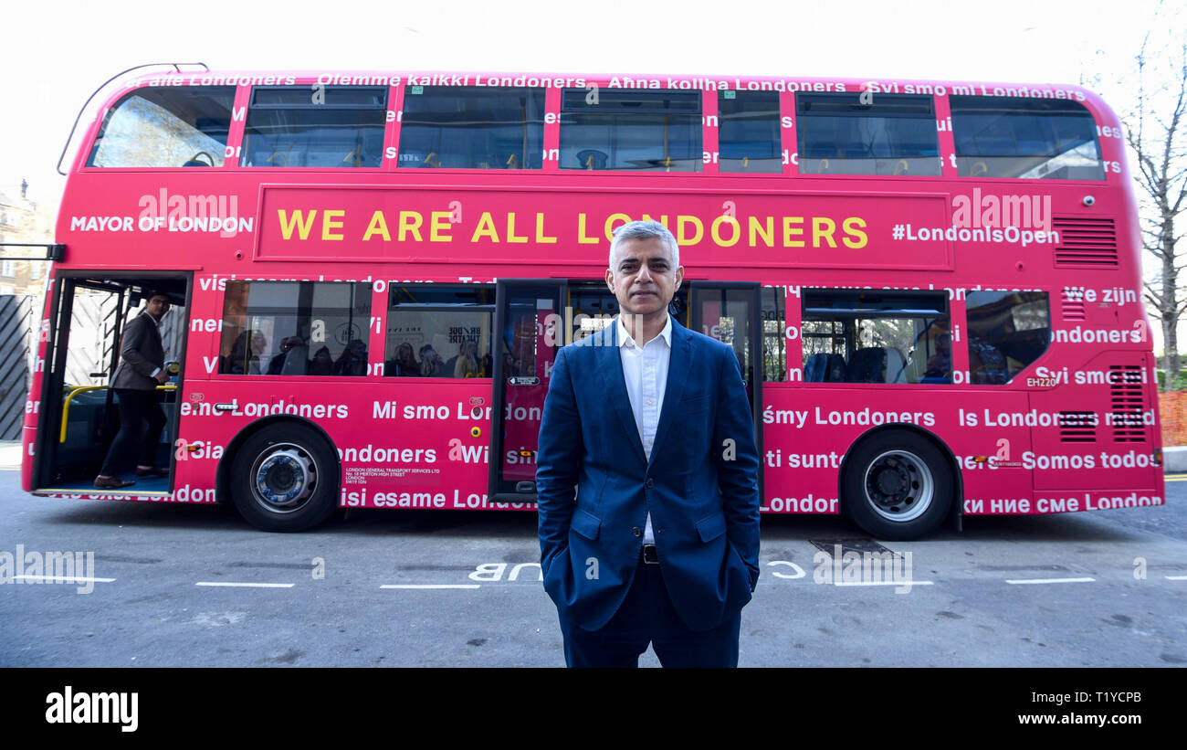 London, UK.  29 March 2019.  Mayor of London, Sadiq Khan, launches a branded 'We are all Londoners' bus as a it begins a four-day 'advice roadshow' across the capital.  Staff on the bus will visit locations with high numbers of European nationals, offering them guidance on how to apply for Settled Status to remain in the UK following Brexit.  The bus tour coincides with the opening of the Government's EU Settlement Scheme. Credit: Stephen Chung / Alamy Live News Stock Photo