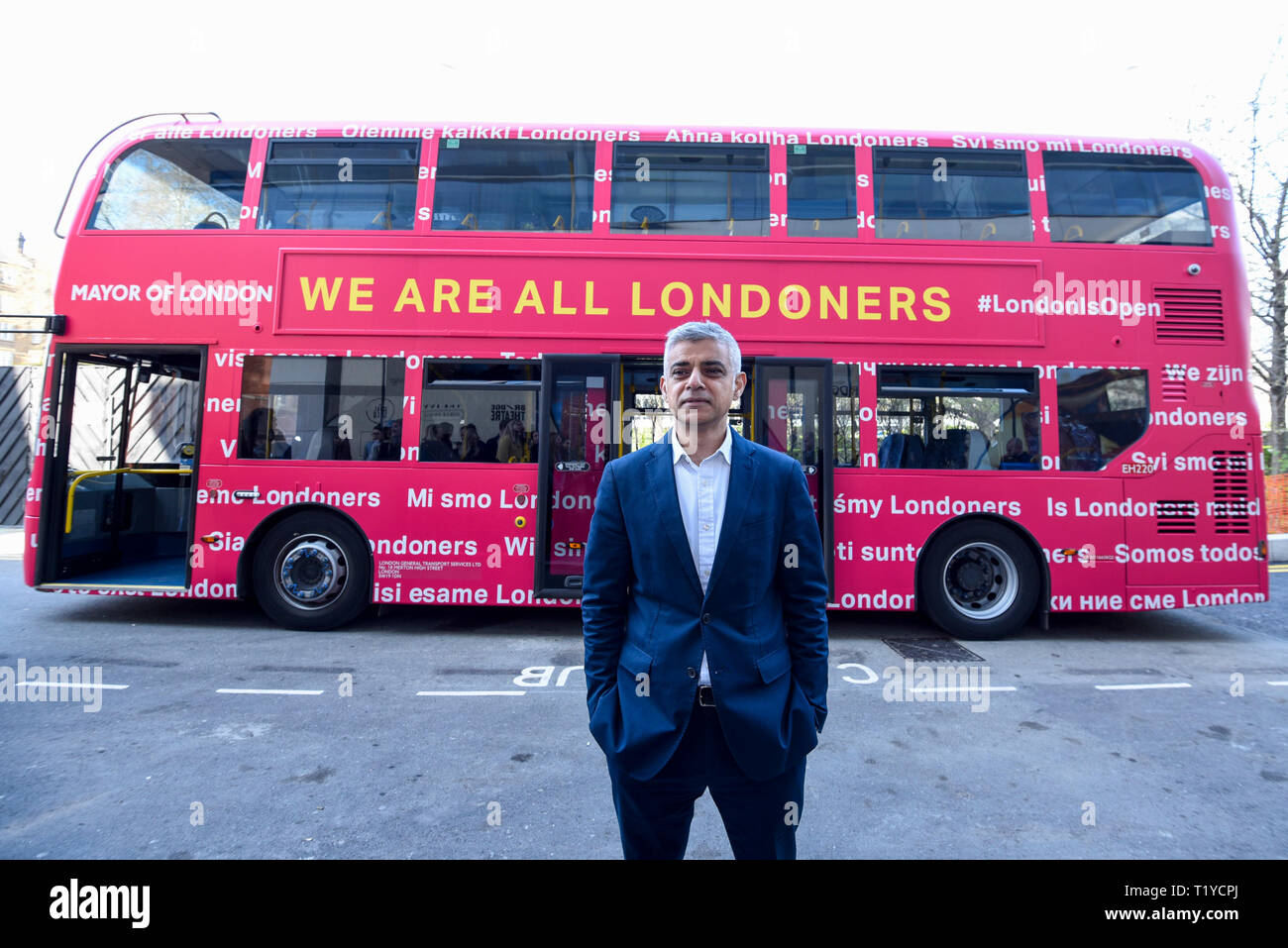 London, UK.  29 March 2019.  Mayor of London, Sadiq Khan, launches a branded 'We are all Londoners' bus as a it begins a four-day 'advice roadshow' across the capital.  Staff on the bus will visit locations with high numbers of European nationals, offering them guidance on how to apply for Settled Status to remain in the UK following Brexit.  The bus tour coincides with the opening of the Government's EU Settlement Scheme. Credit: Stephen Chung / Alamy Live News Stock Photo