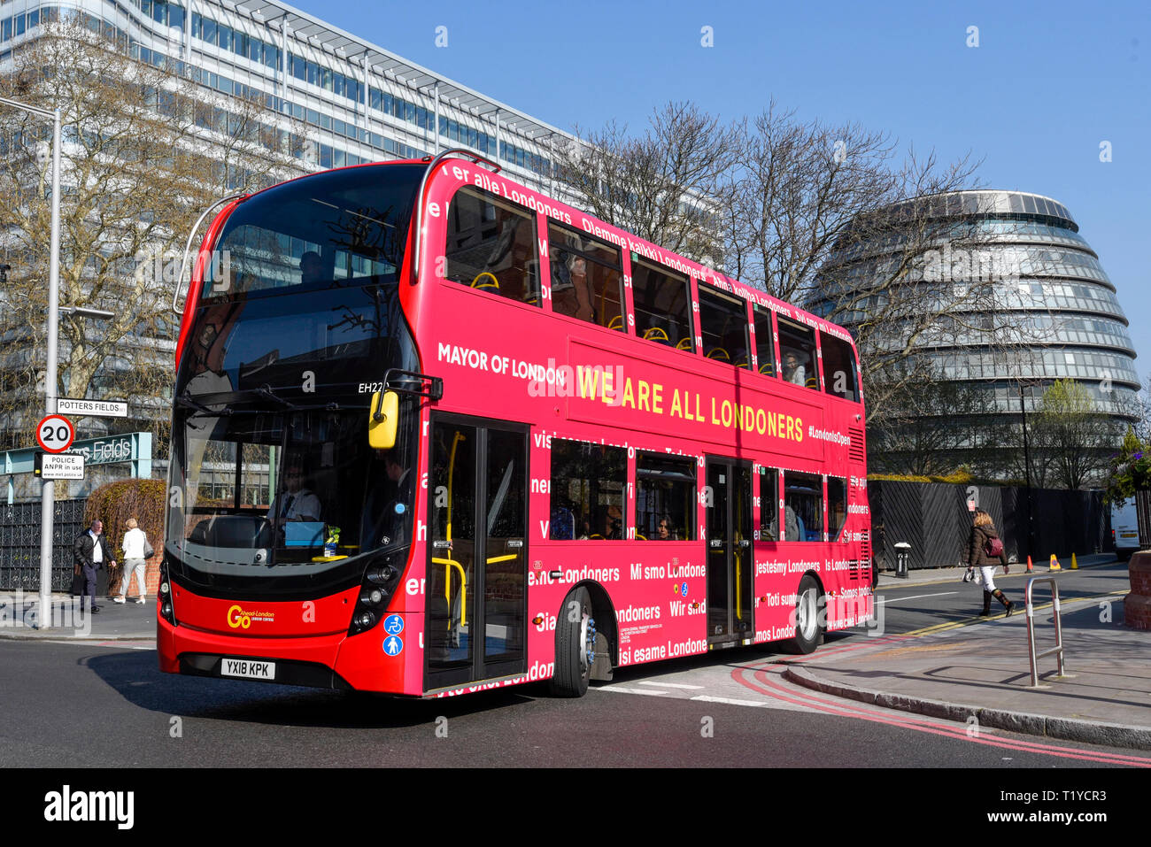 London, UK.  29 March 2019.  Mayor of London, Sadiq Khan, launches a branded 'We are all Londoners' bus (pictured) as a it begins a four-day 'advice roadshow' across the capital.  Staff on the bus will visit locations with high numbers of European nationals, offering them guidance on how to apply for Settled Status to remain in the UK following Brexit.  The bus tour coincides with the opening of the Government's EU Settlement Scheme. Credit: Stephen Chung / Alamy Live News Stock Photo