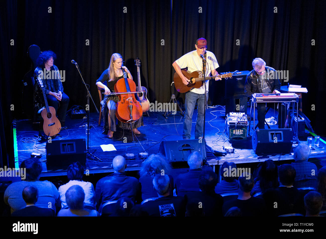 Preston, Lancashire, UK. 28th Mar 2019. Veteran singer-songwriter Michael Chapman in concert at The Continental, Preston, Lancashire, accompanied by Bridget St John (vocal), Sarah Smout (cello) and B J Cole (pedal steel). Credit: John Bentley/Alamy Live News Stock Photo