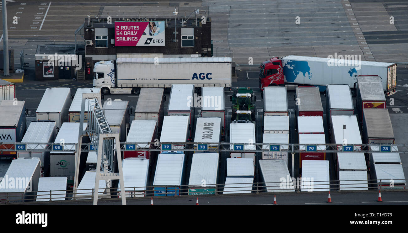 Dover Port, Dover Kent, UK. 28th Mar 2019. Dover Port showing lorries and cars boarding ferries to France and back on the day before the UK was supposed to be leaving the EU. Credit: BRIAN HARRIS/Alamy Live News Stock Photo