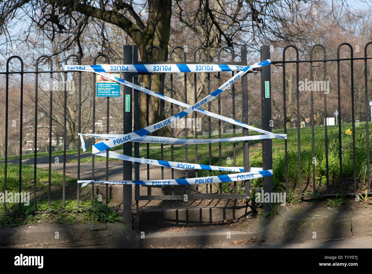Leeds, UK – 29 March 2019.  Police remain on the scene at Potternewton Park in Leeds, where a 16-year-old was found with a serious stab wounds yesterday evening. A 17-year-old male was also taken to hospital after being found nearby with a serious head injury.  West Yorkshire Police say they believe there was a fight between two groups of youths and the two people in hospital have been arrested on suspicion of assault causing grievous bodily harm. Credit: James Copeland/Alamy Live News Stock Photo