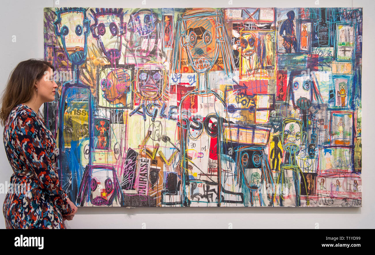 Sotheby’s London, UK. 29 March, 2019. Pre-sale exhibition of Modern and Contemporary African Art, showing the work of artists from across the African diaspora. Image: Abdoulaye Aboudia Diarrassouba, Untitled. Estimate £8,000-12,000. Credit: Malcolm Park/Alamy Live News. Stock Photo