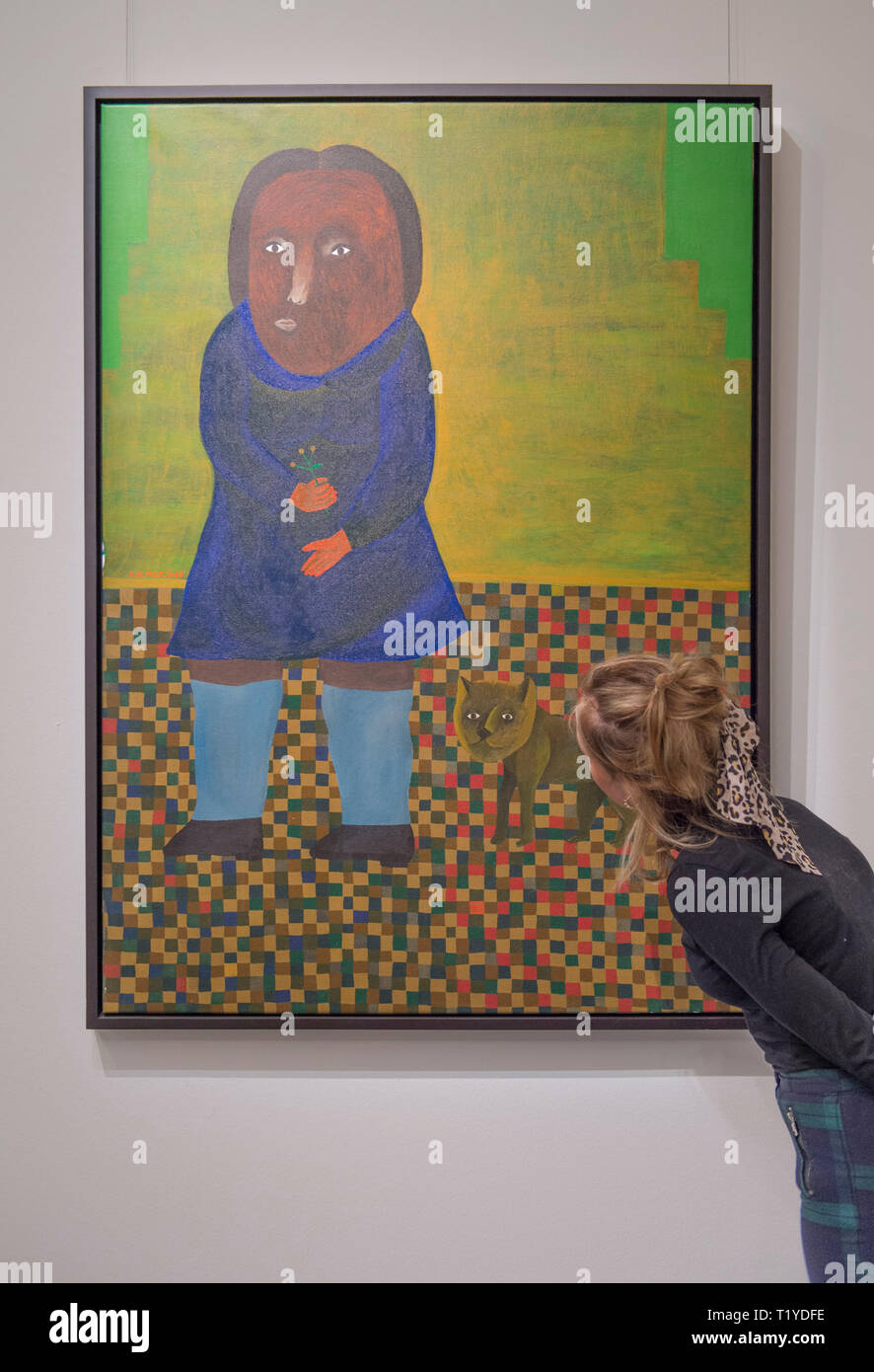 Sotheby’s London, UK. 29 March, 2019. Pre-sale exhibition of Modern and Contemporary African Art, showing the work of artists from across the African diaspora. Image: Salah Elmur, A Cat and a Girl. Estimate £10,000-15,000. Credit: Malcolm Park/Alamy Live News. Stock Photo