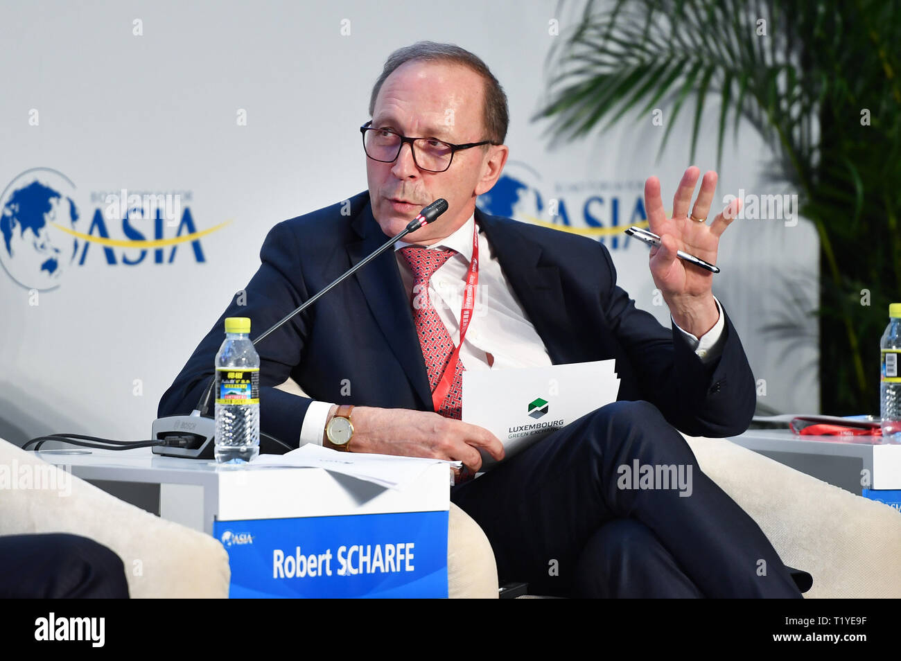 Boao, China's Hainan Province. 29th Mar, 2019. Robert Scharfe, CEO of Luxembourg Stock Exchange, speaks at the session of 'Stock Market: 'Rainbow' After the Rain' during the Boao Forum for Asia annual conference in Boao, south China's Hainan Province, March 29, 2019. Credit: Guo Cheng/Xinhua/Alamy Live News Stock Photo