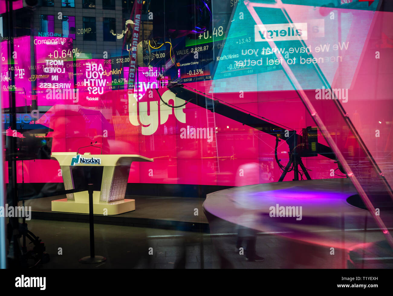 New York, USA. 29th Mar 2019. The Nasdaq stock exchange studio in Times  Square in New York is decorated for the debut of the Lyft ride-sharing  service initial public offering on Friday,