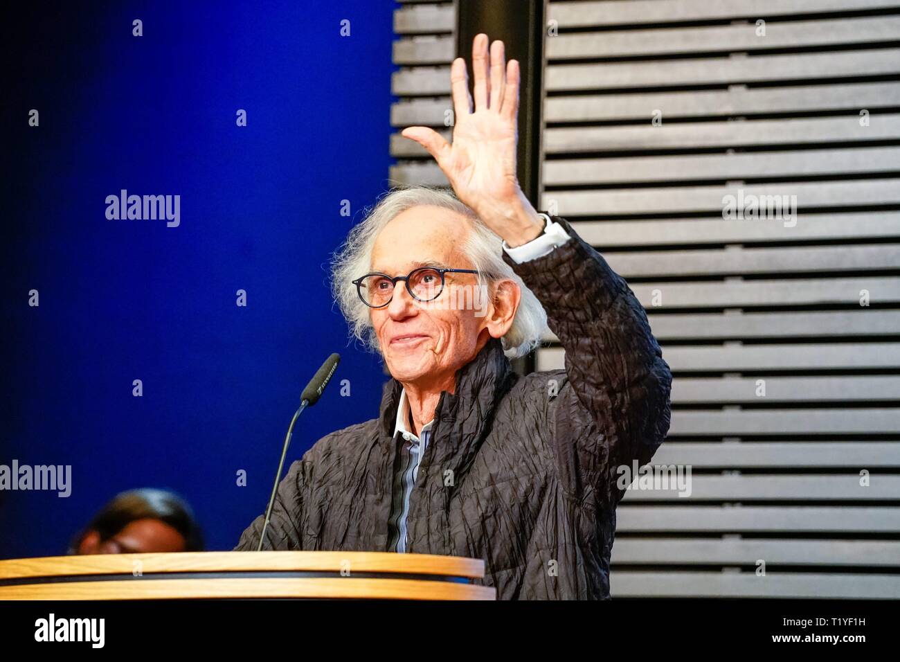 27.03.2019, the Konrad Adenauer Foundation in Berlin honors the Bulgarian artist Christo in Berlin. Christo, whose full name is Christo Vladimirov Yashevew, together with his wife Jeanne-Claude, was responsible for the Berlin Reichstag in 1995. Speech of the artist at the event. | usage worldwide Stock Photo