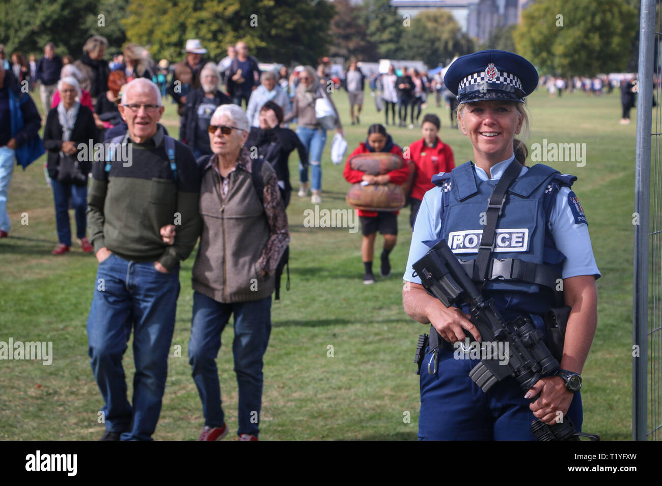 Christchurch, New Zealand. 29th Mar 2019. A heavy but friendly police presence was at hand at the remembrance service for the for the 50 victims of the Mosque terror attacks. Around 50 people has been reportedly killed in the Christchurch mosques terrorist attack shooting targeting the Masjid Al Noor Mosque and the Linwood Mosque. Credit: SOPA Images Limited/Alamy Live News Stock Photo