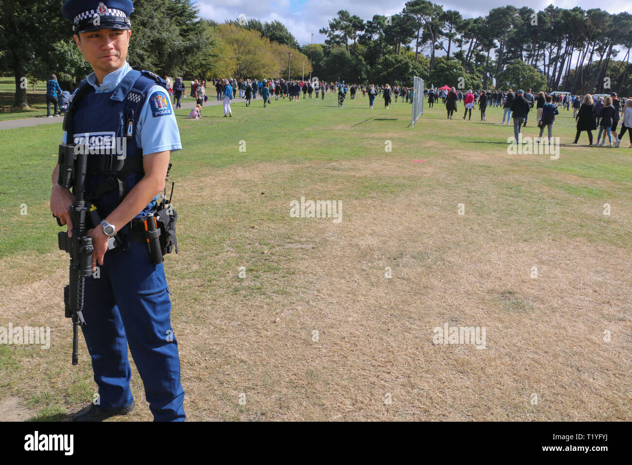 Christchurch, New Zealand. 29th Mar 2019. A heavy police presence was at hand at the remembrance service for the 50 victims of the Mosque terror attacks. Around 50 people has been reportedly killed in the Christchurch mosques terrorist attack shooting targeting the Masjid Al Noor Mosque and the Linwood Mosque. Credit: SOPA Images Limited/Alamy Live News Stock Photo
