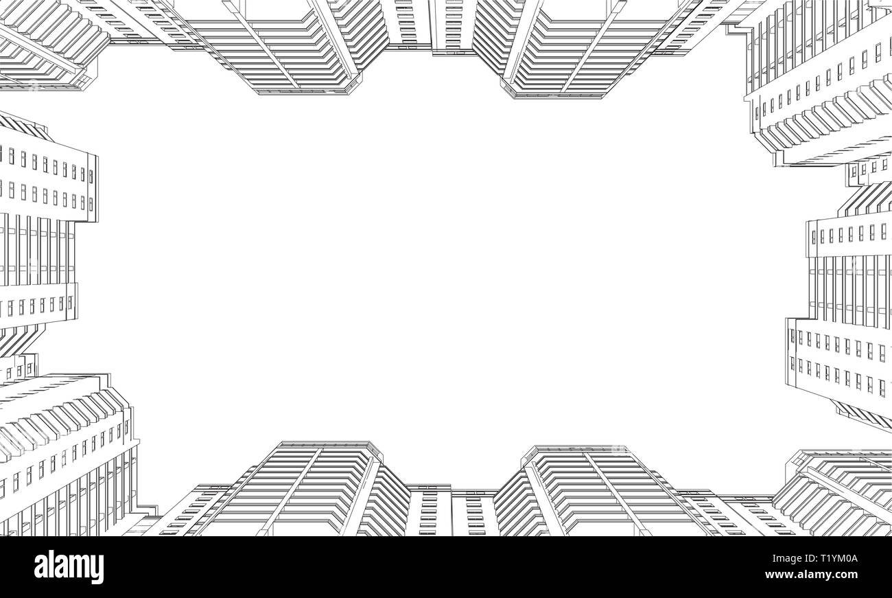 Wireframe of high-rise buildings. Contour of buildings from black lines on a white background. Bottom view. Vector illustration Stock Vector