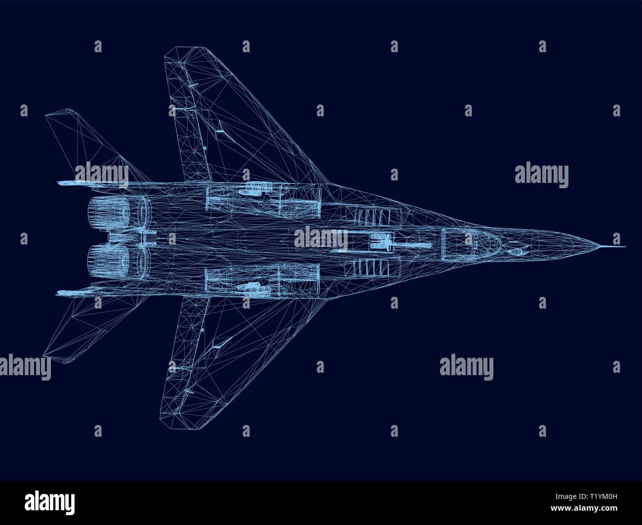 Wireframe of a fighter of blue lines on a dark background. View from ...