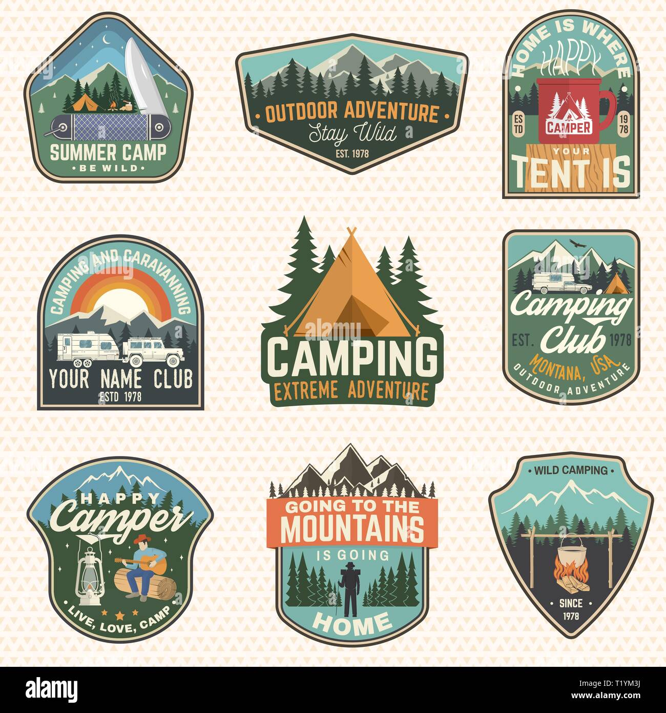 Set of Summer camp badges. Vector. Concept for shirt or logo, print, stamp, patch or tee. Vintage typography design with rv trailer, camping tent, campfire, bear, man with guitar and forest silhouette Stock Vector
