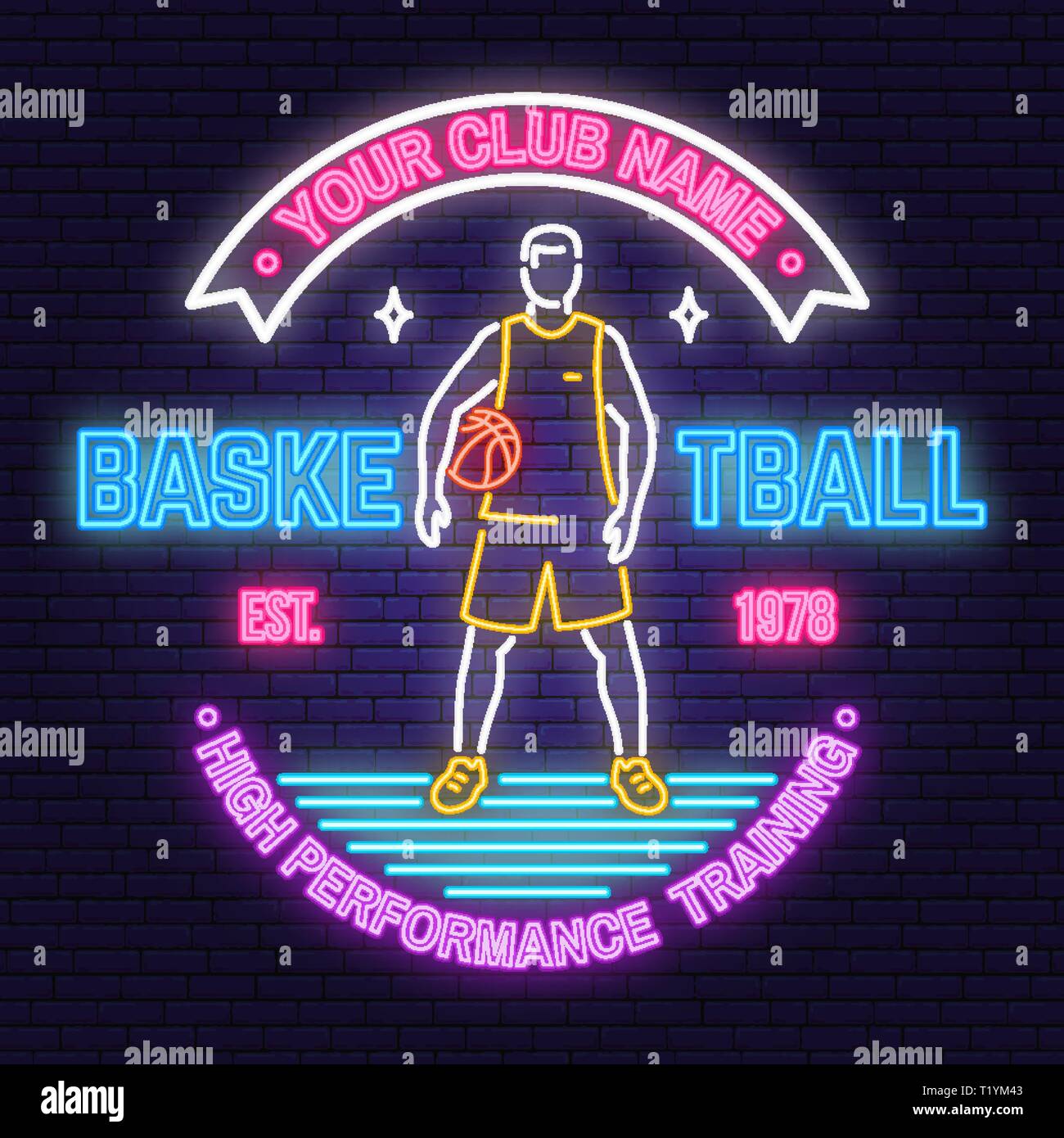 Basketball club neon design or emblem. Vector. Concept for shirt, print, stamp or tee. Vintage typography design with basketball player and basketball ball silhouette. Night neon signboard Stock Vector