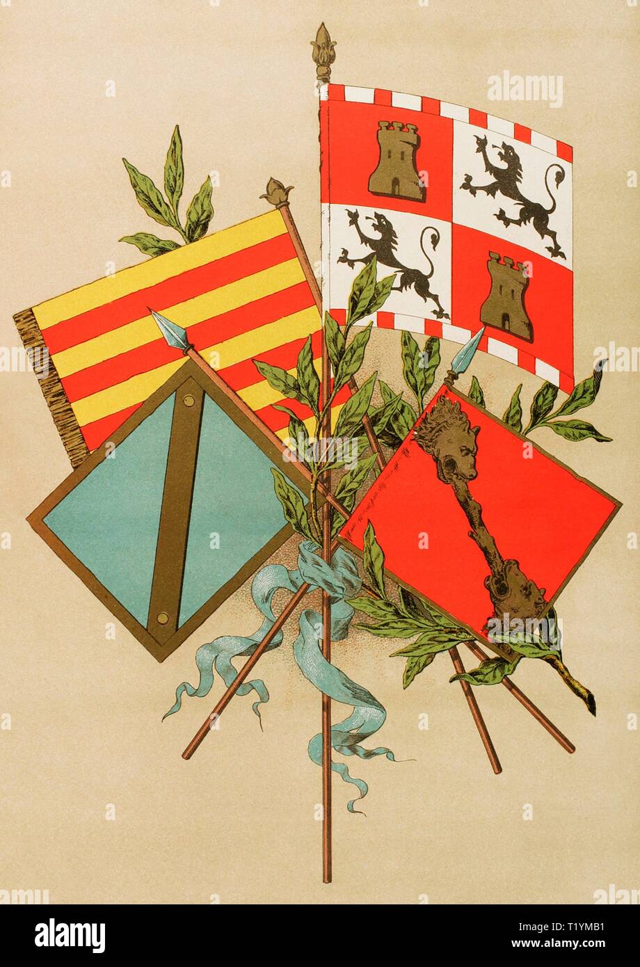 Guion real aragonés, bandera de la Banda, guion real de Castilla, guión de  los Reyes Católicos y Carlos I. "Museo Militar del Ejército Español", Tomo  I. Evaristo Ullastres Editor. Barcelona, 1883. Biblioteca