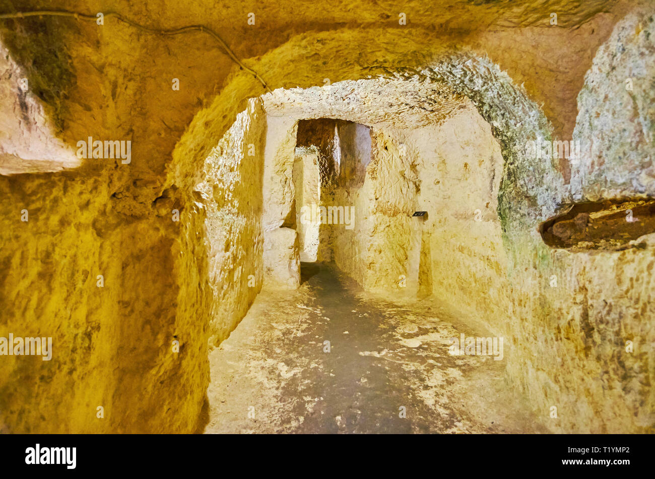 RABAT, MALTA - JUNE 16, 2018: Interior of the stone shelter, used by local people during the WWII, cut in limestone under the Wignacourt Residence, on Stock Photo