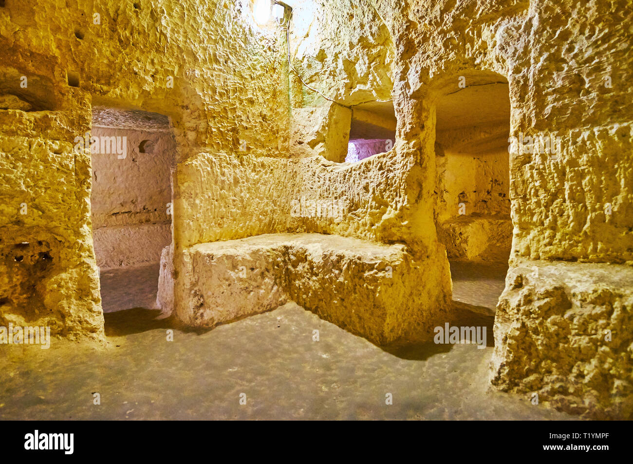RABAT, MALTA - JUNE 16, 2018: The stone tunnel with shelters for people is the landmark, preserved  in Wignacourt Residence, it was in use during the  Stock Photo