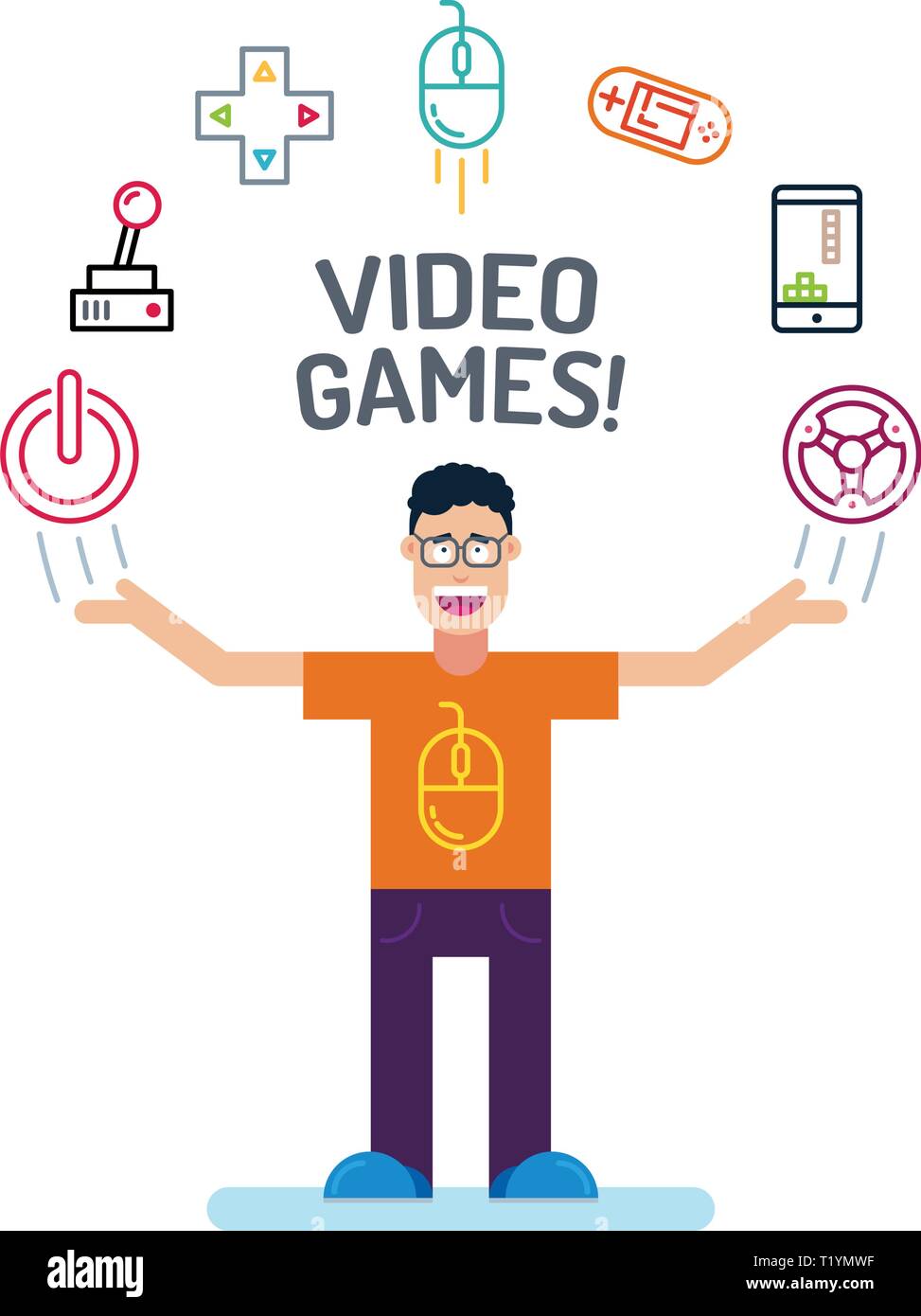 a geek man character in orange tees and glass with his hands up. video game Icons are arranged in a semicircle above the head Stock Vector