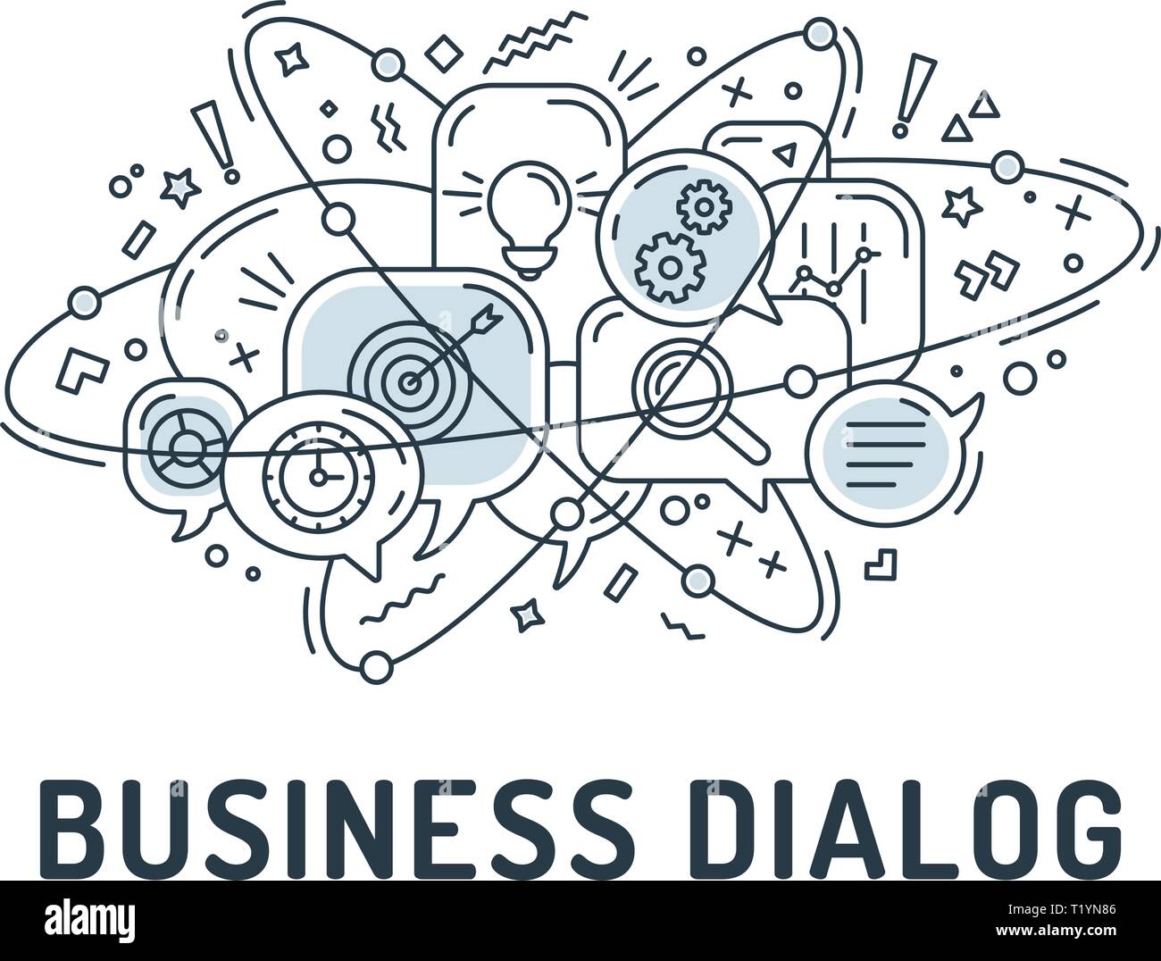 Illustration from business or star up icons in chat bubbles with three orbital ovals Stock Vector