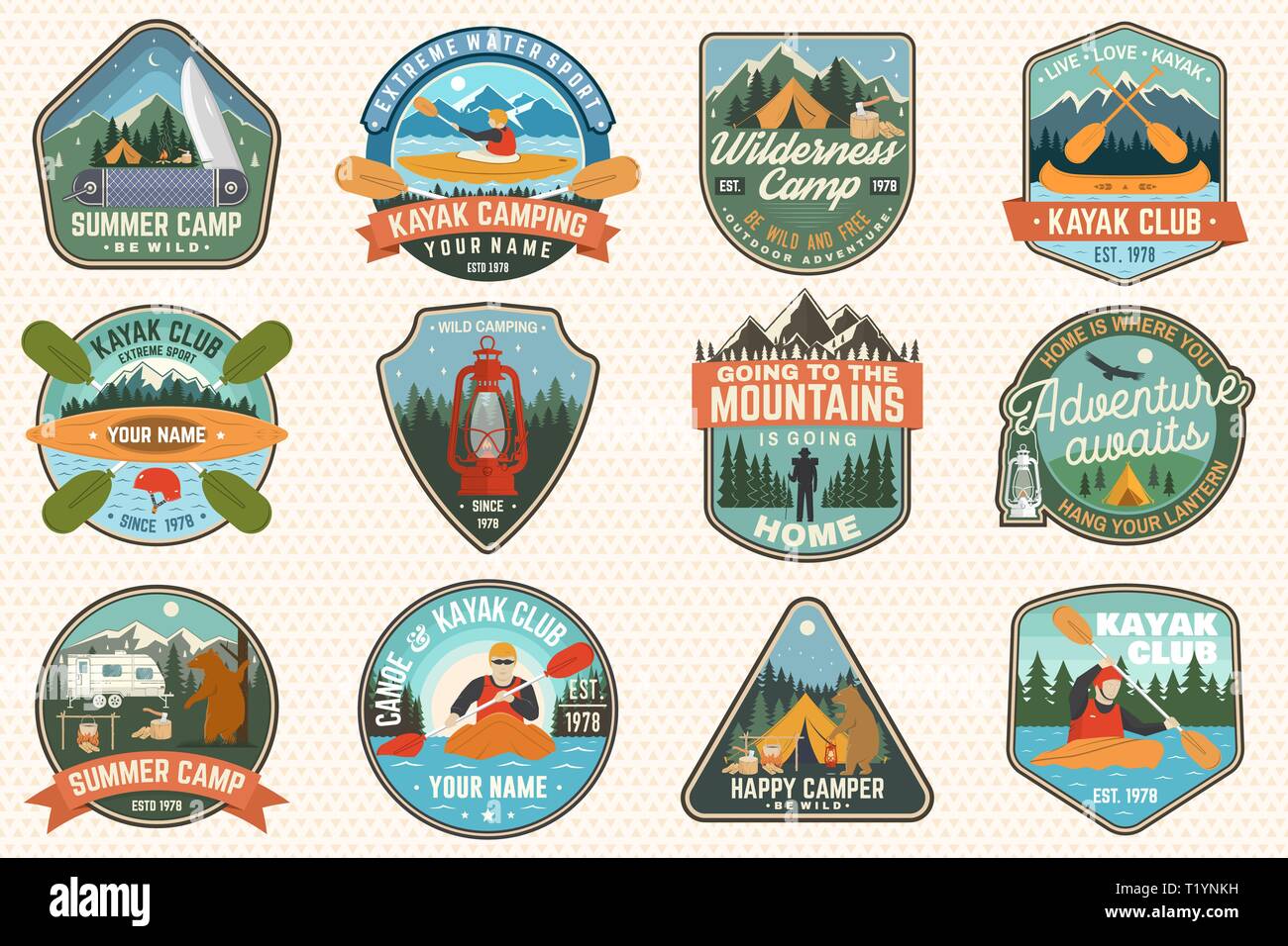 Set Of Summer Camp Canoe And Kayak Club Badges Vector For Patch Stamp Design With Camping