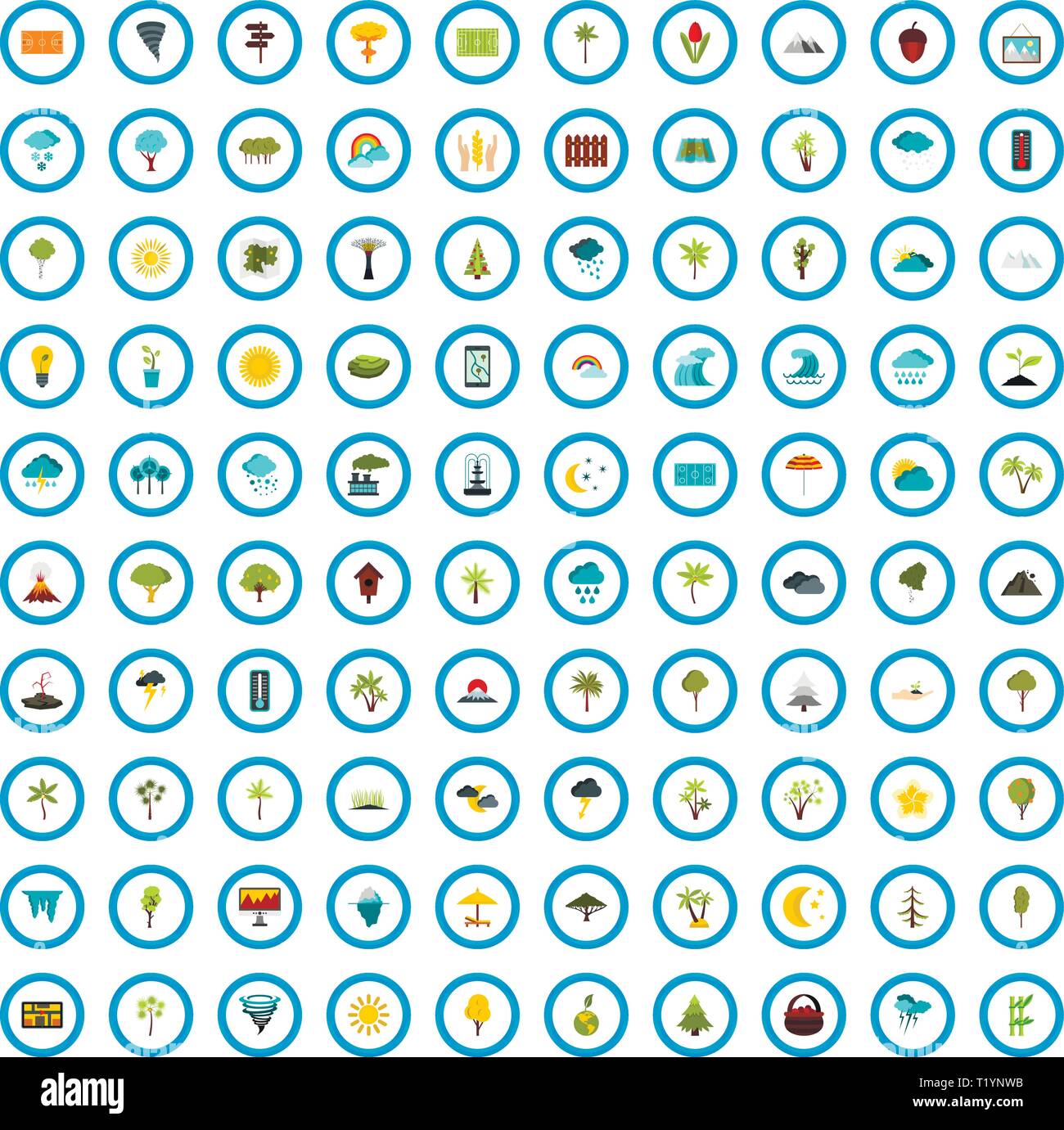 100 nature icons set, flat style Stock Vector