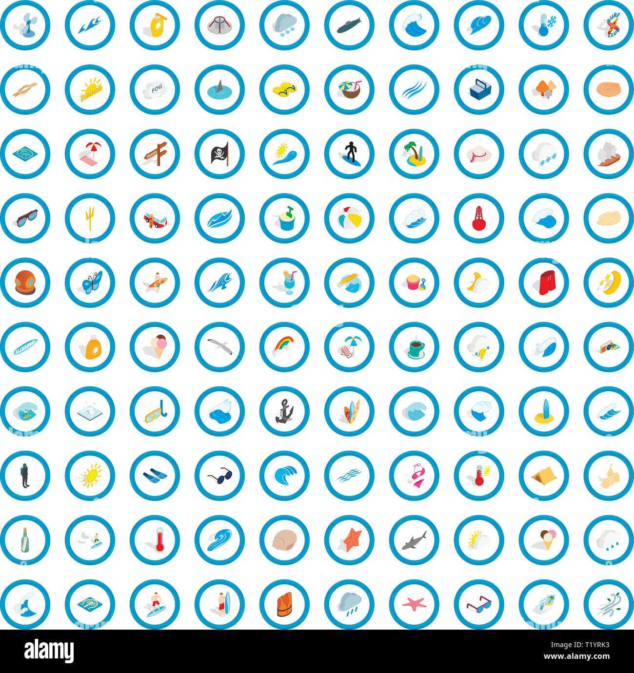 100 ocean icons set, isometric 3d style Stock Vector