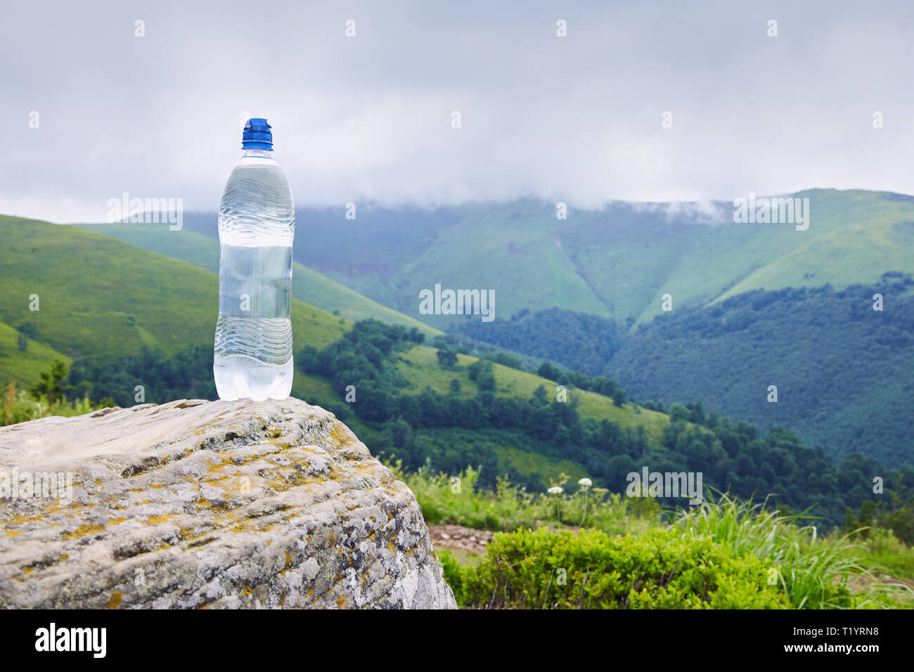 A bottle of pure drinking water in plastic bottle on the mountain against mountain landscape Stock Photo