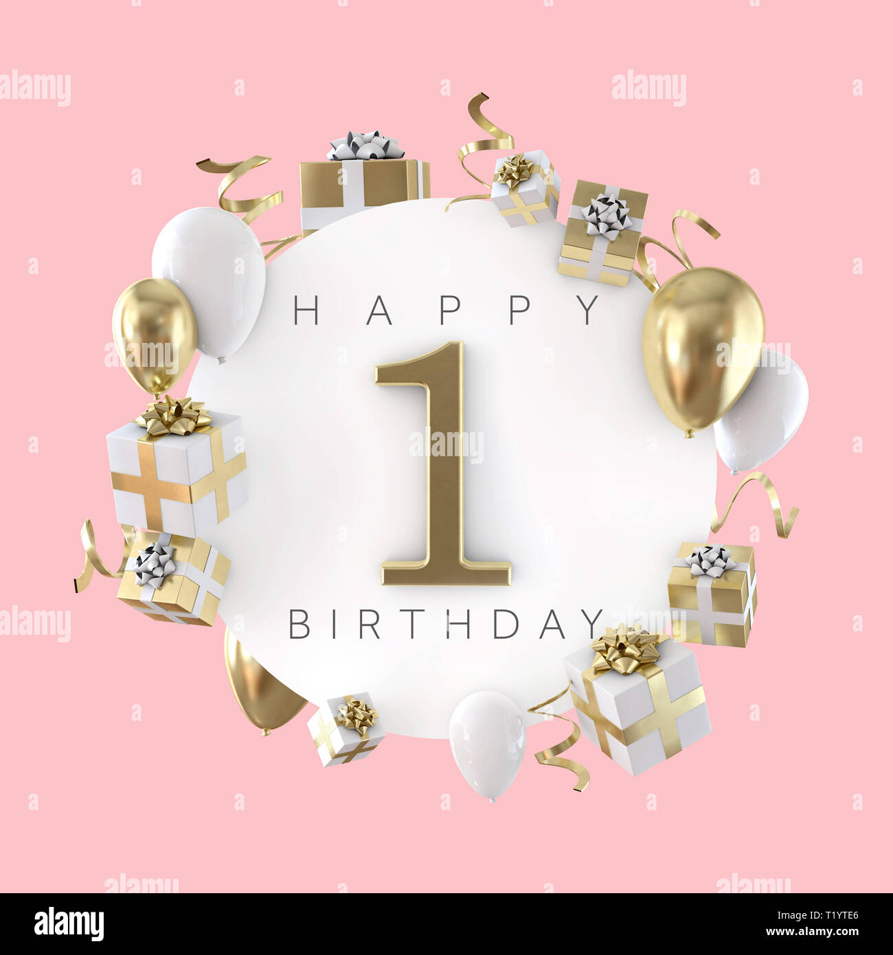 Happy 1st birthday party composition with balloons and presents. 3D Render Stock Photo - Alamy