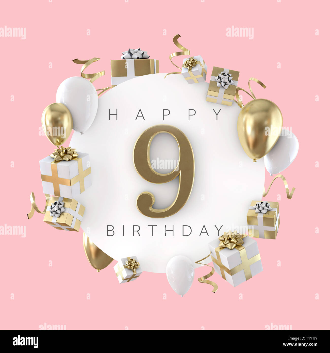 Happy 9th birthday party composition with balloons and presents. 3D