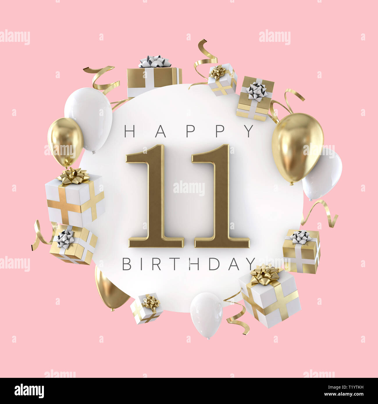 Happy 11th birthday party composition with balloons and presents. 3D Render Stock Photo - Alamy