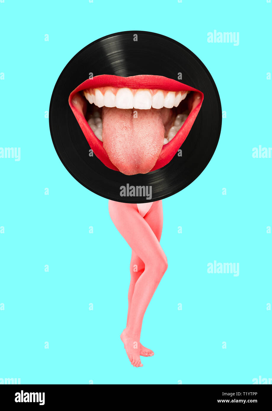 Meloman feeling happieness. Fit female legs headed by vinyl record with big mouth. Ideal hollywood smile, red lips. Retro, oldschool style. Music concept. Modern design. Contemporary art collage. Stock Photo